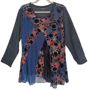 Caleesa Tunic Top Women 1X Black Blue Floral Burnout Velvet Lace Mesh Patchwork